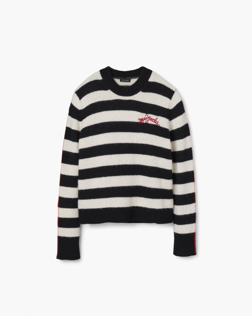 Hauts Marc Jacobs The Striped Brushed Logo Sweater Femme Noir Blanche | 798XVNWGA