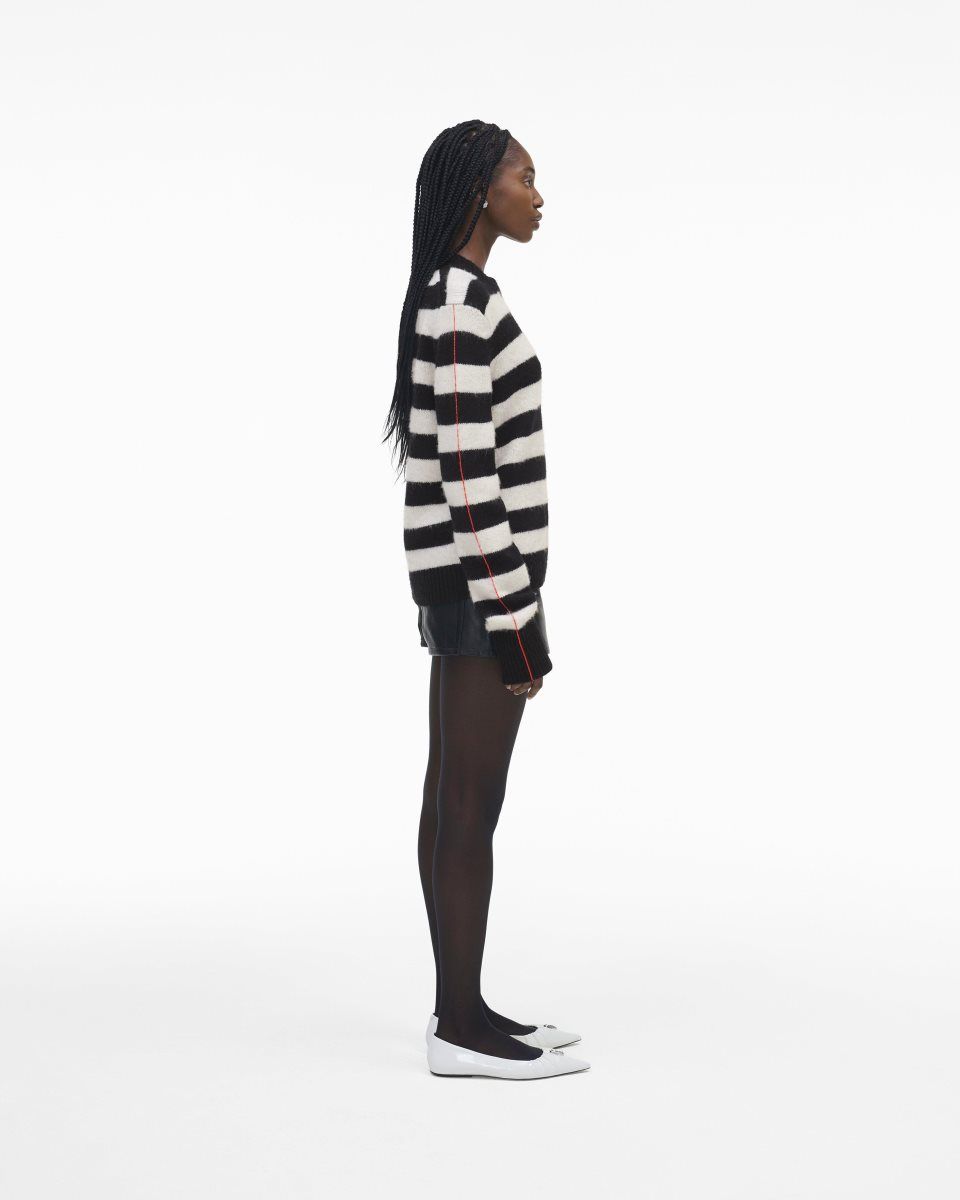 Hauts Marc Jacobs The Striped Brushed Logo Sweater Femme Noir Blanche | 798XVNWGA