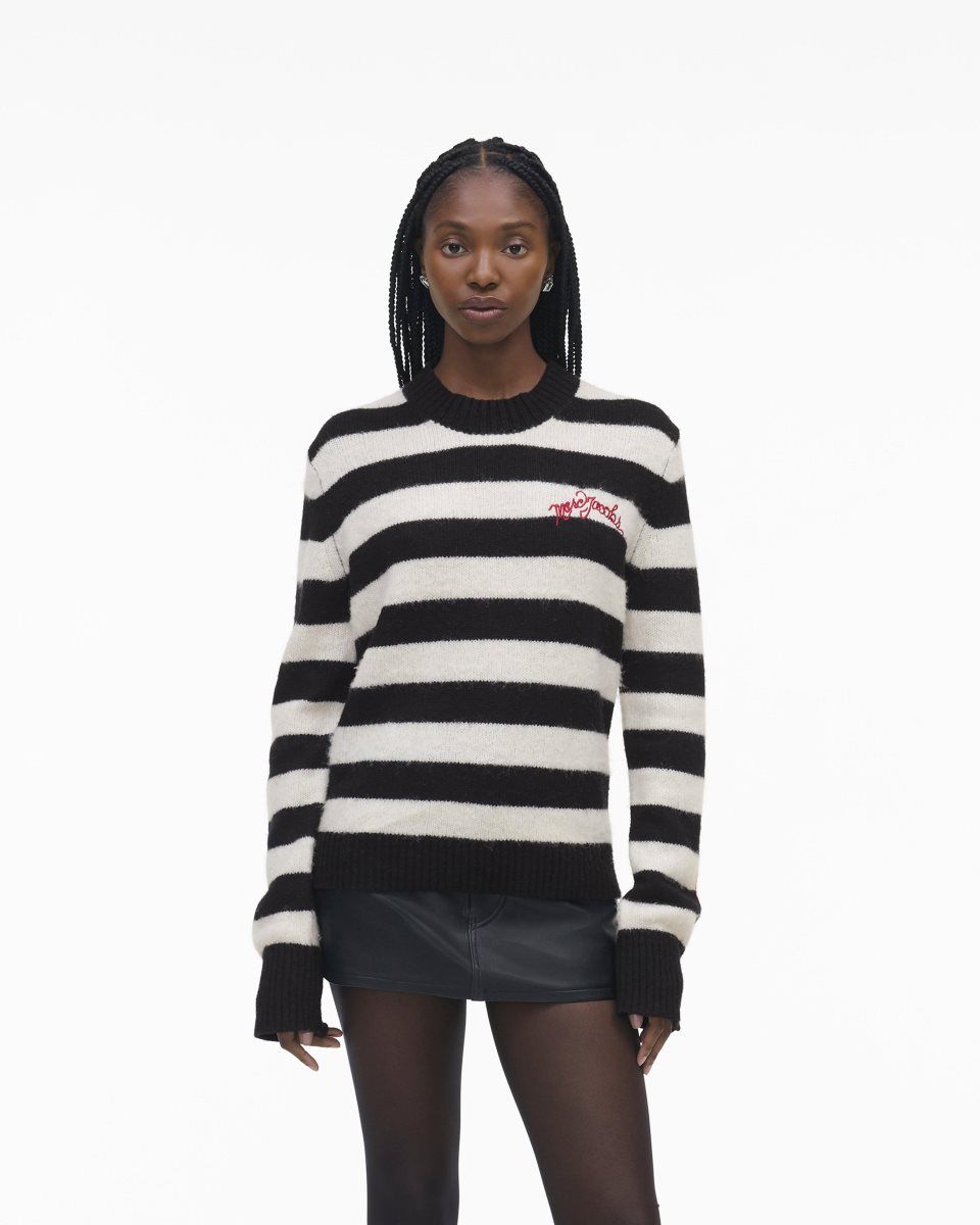 Hauts Marc Jacobs The Striped Brushed Logo Sweater Femme Noir Blanche | 798XVNWGA