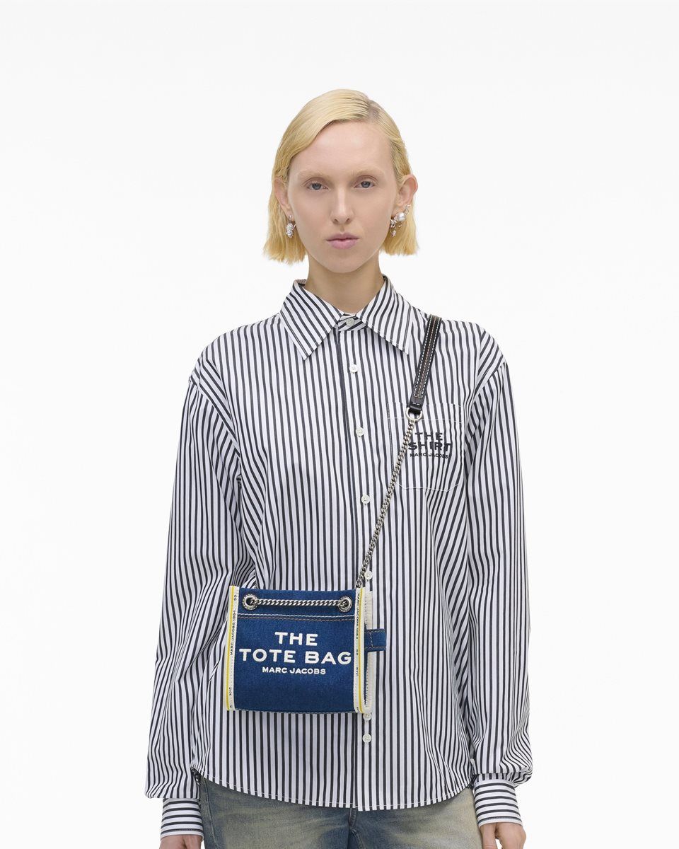 Sac Bandoulière Marc Jacobs The Denim Chain Crossbody Tote Bag Femme Lavage Foncé | 324TKEYSW