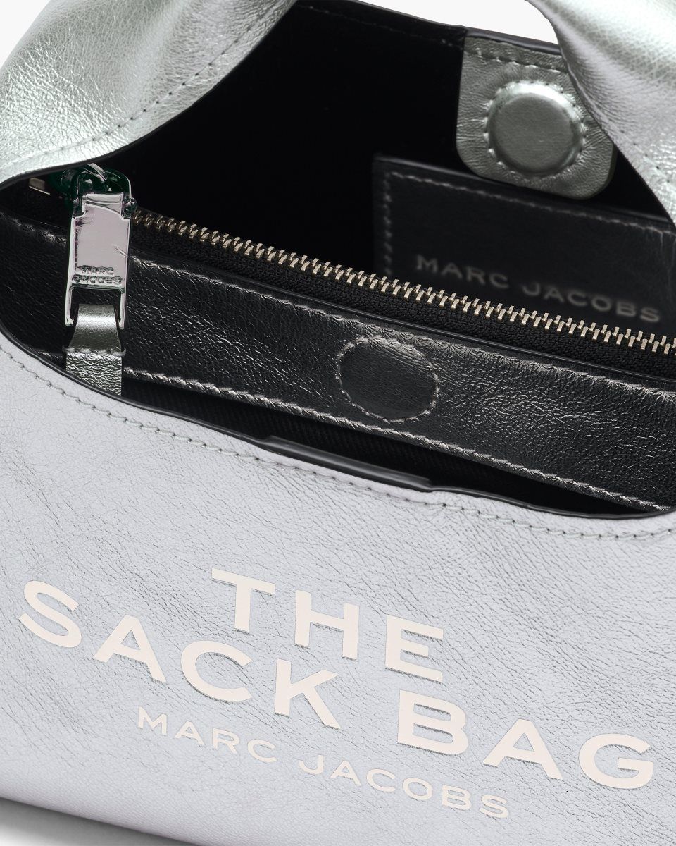 Sac a Main Marc Jacobs The Metallic Leather Mini Sack Bag Femme Argent | 316MQEFDY