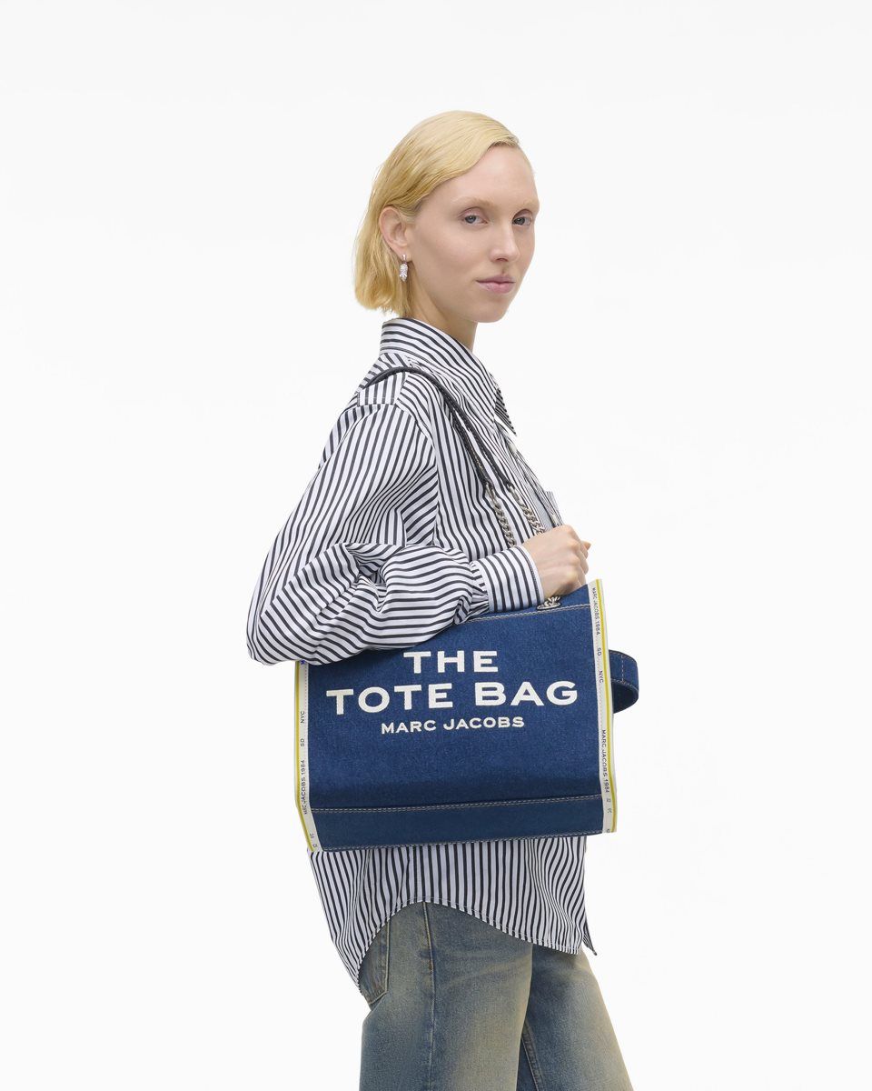 The Tote Bag Marc Jacobs The Denim Chain Medium Tote Bag Femme Lavage Foncé | 574UDWMBT
