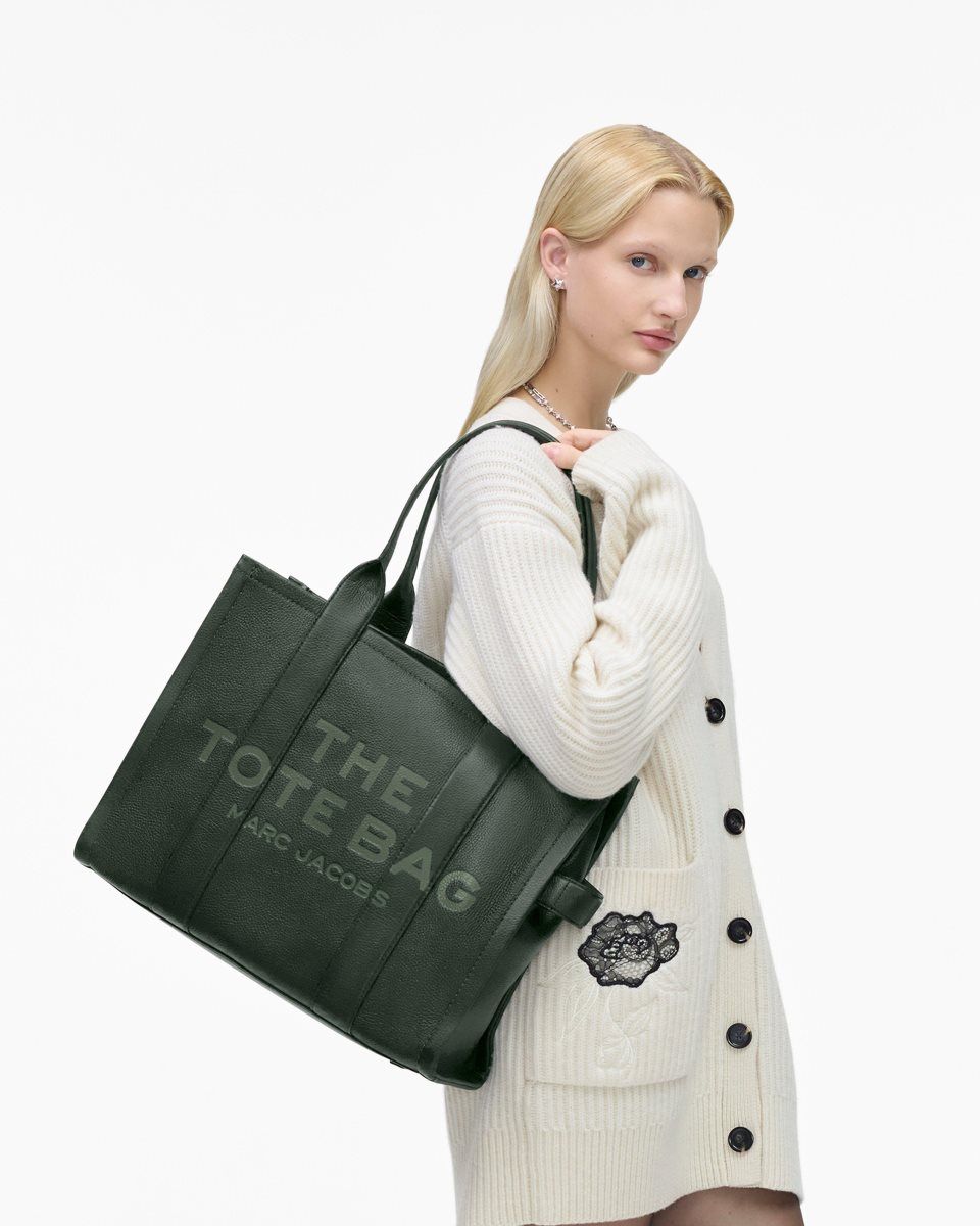 The Tote Bag Marc Jacobs The Leather Large Tote Bag Femme Vert Foncé | 584BRAXCU