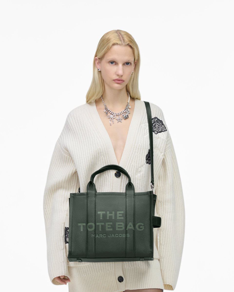 The Tote Bag Marc Jacobs The Leather Medium Tote Bag Femme Vert Foncé | 634LCKJGY