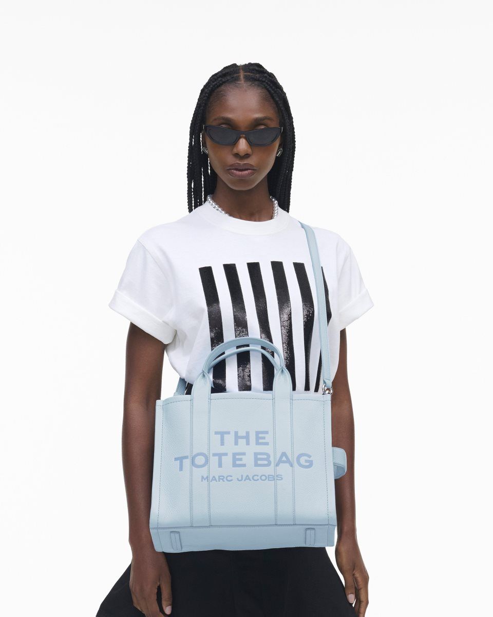 The Tote Bag Marc Jacobs The Leather Medium Tote Bag Femme Bleu | 085ARTFIQ