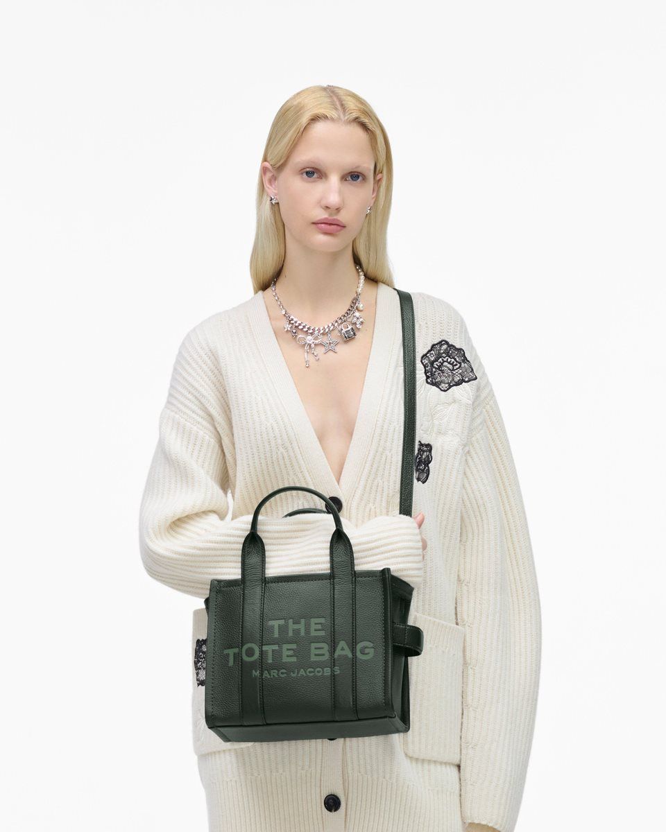 The Tote Bag Marc Jacobs The Leather Small Tote Bag Femme Vert Foncé | 260GJDSWZ