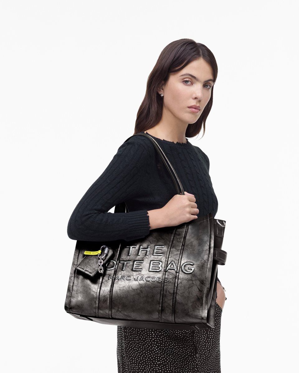 The Tote Bag Marc Jacobs The Metallic Distressed Large Tote Bag Femme Grise Foncé | 601SWLUKQ