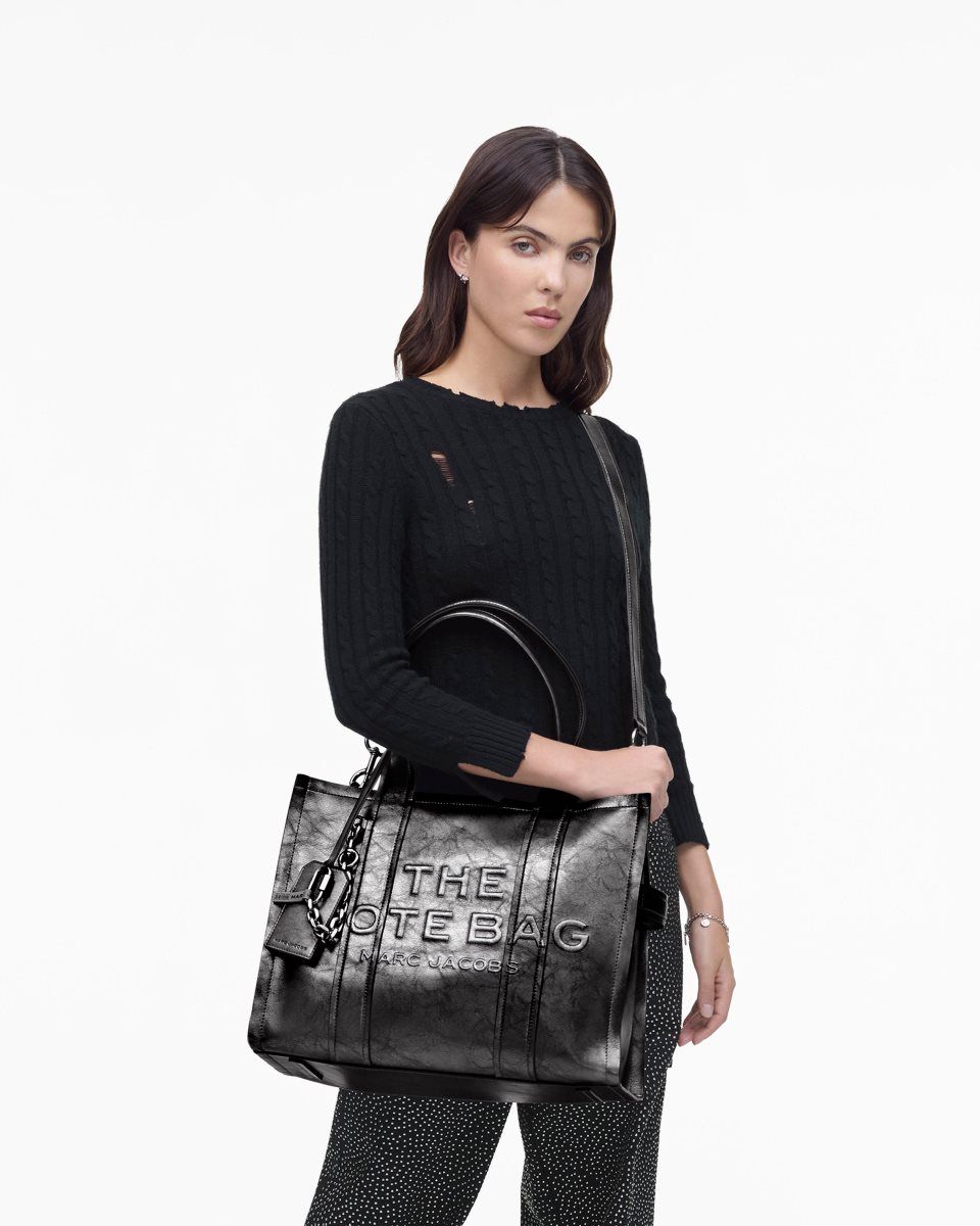The Tote Bag Marc Jacobs The Metallic Distressed Large Tote Bag Femme Grise Foncé | 601SWLUKQ