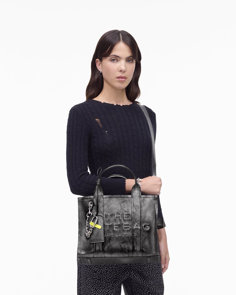 The Tote Bag Marc Jacobs The Metallic Distressed Medium Tote Bag Femme Grise Foncé | 913OAYFWM