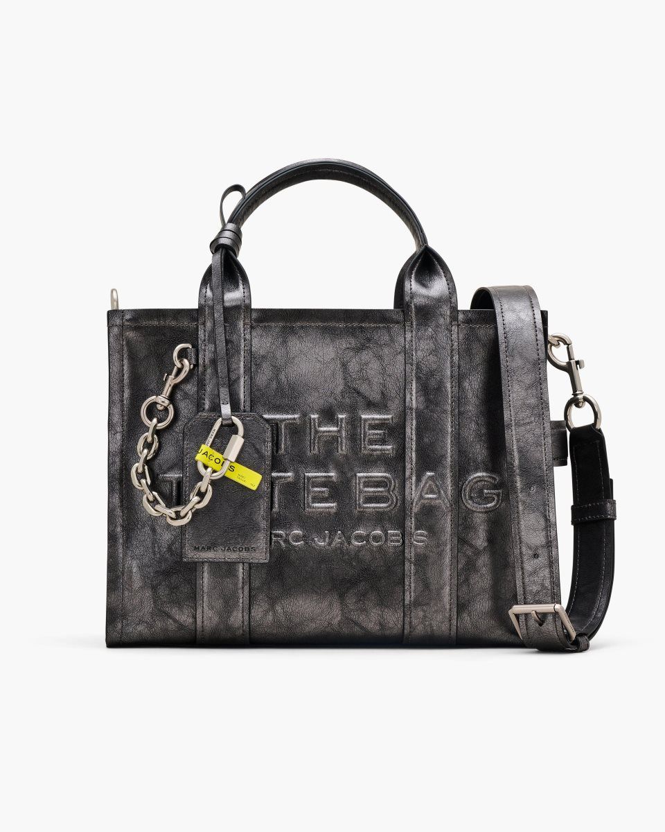 The Tote Bag Marc Jacobs The Metallic Distressed Medium Tote Bag Femme Grise Foncé | 913OAYFWM
