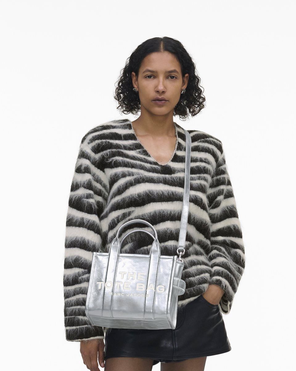 The Tote Bag Marc Jacobs The Metallic Leather Small Tote Bag Femme Metal Argent | 106GTXDUH