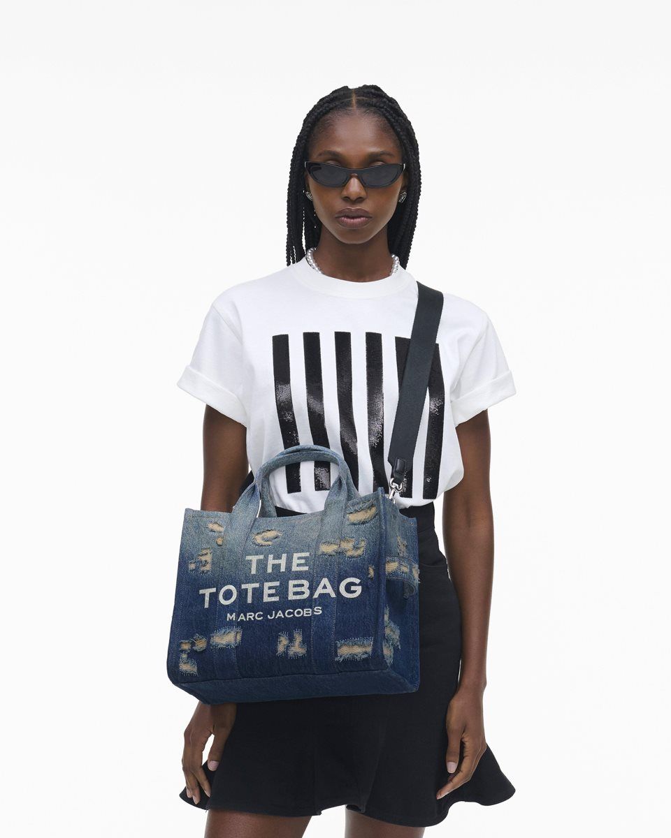 The Tote Bag Marc Jacobs The Rip and Repair Denim Medium Tote Bag Femme Indigo | 931ULTOQV