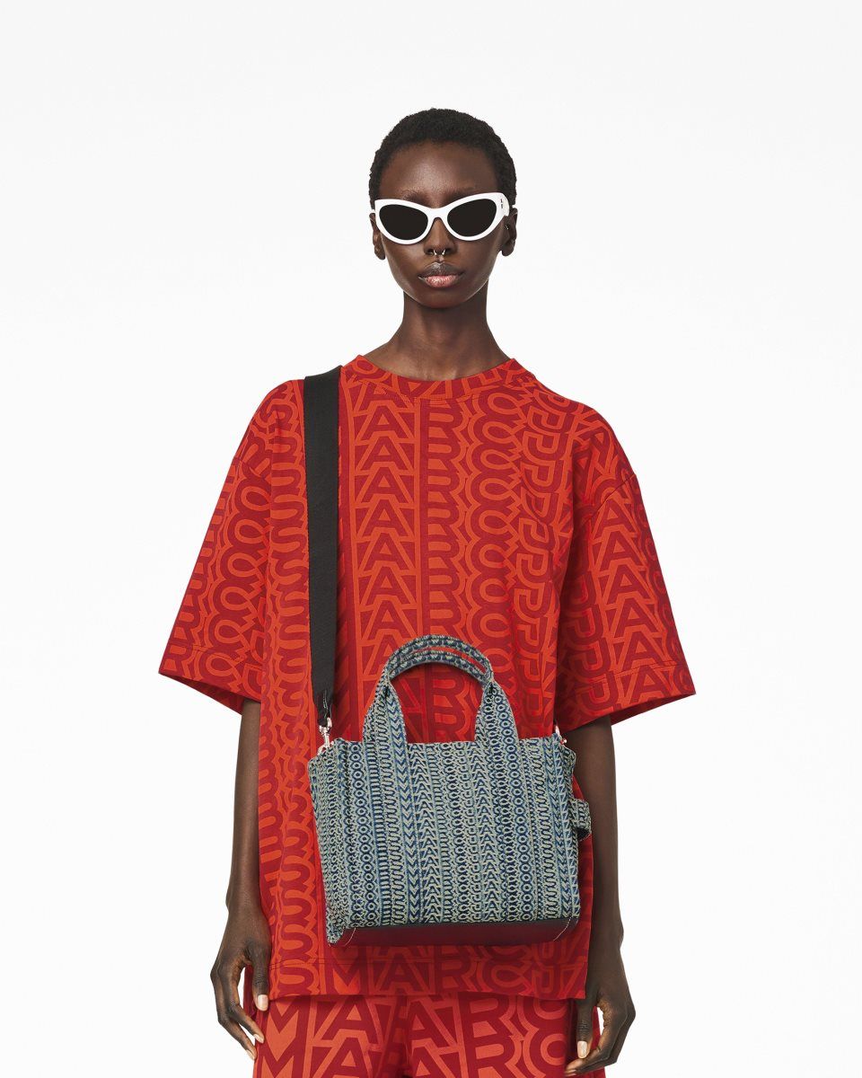 The Tote Bag Marc Jacobs The Washed Monogram Denim Small Tote Bag Femme Orange Bleu | 469ALHJBD