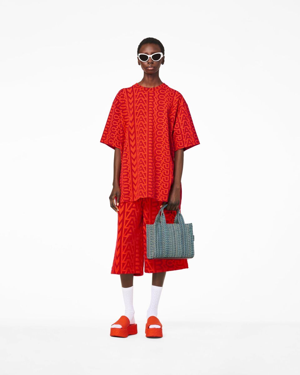The Tote Bag Marc Jacobs The Washed Monogram Denim Small Tote Bag Femme Orange Bleu | 469ALHJBD