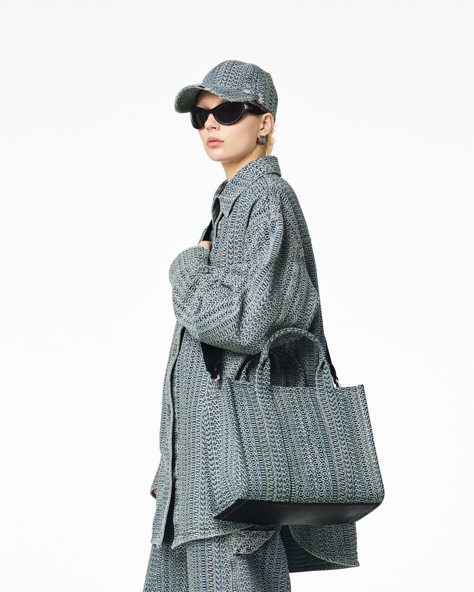 The Tote Bag Marc Jacobs The Washed Monogram Denim Medium Tote Bag Femme Orange Bleu | 825ZWMXIQ